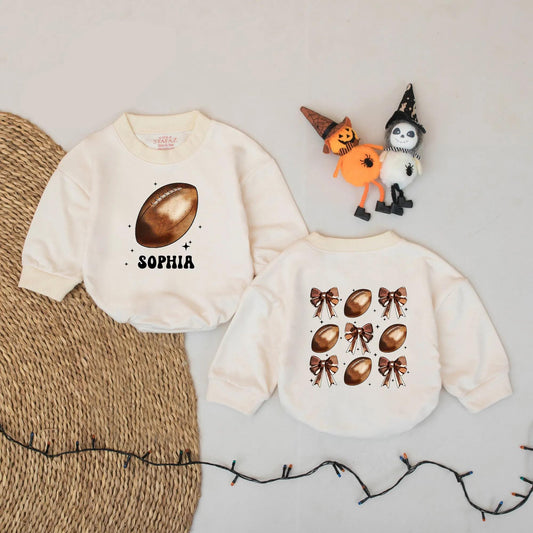 Personalized Baby Girl Football Bows Romper Outfit Cute Game Day Bubble Sweater First Birthday Sport Cheer Season Coquette