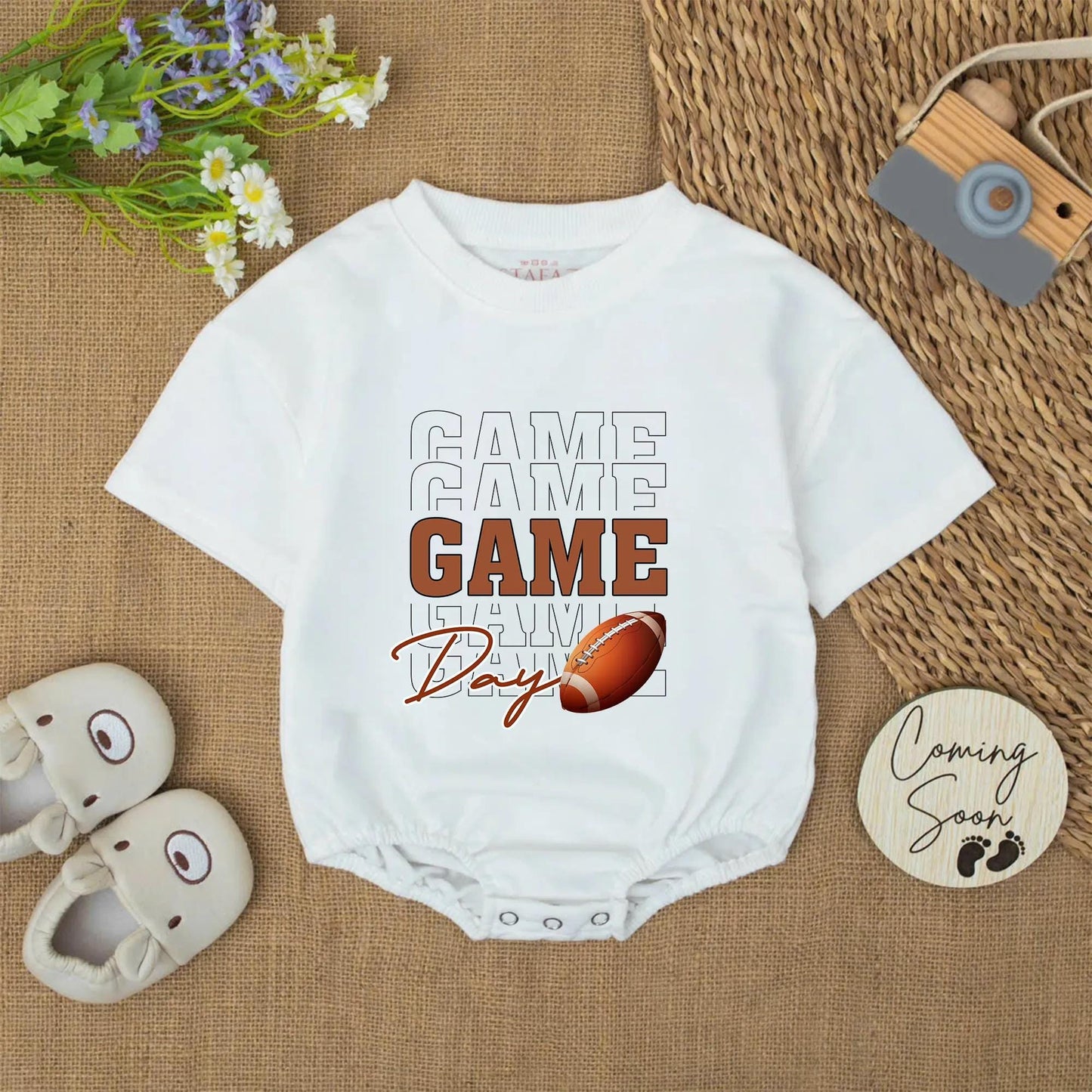 Game Day Football Baby Romper Set - Touchdown Season Outfit, Brown Football Design, Soft Cotton Bodysuit, Football Baby Gift, Adorable Baby Clothes (139 chars)