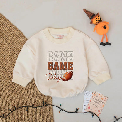 Game Day Football Baby Romper Set - Touchdown Season Outfit, Brown Football Design, Soft Cotton Bodysuit, Football Baby Gift, Adorable Baby Clothes (139 chars)