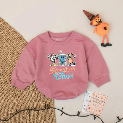Baseball Vibes Baby Romper: Retro Cartoon Baseball Outfit, Funny Hotdog & Drink Bodysuit, Cute Baseball Gift for Baby Boy, Baseball Season Style (137 chars)