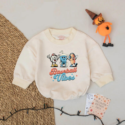 Baseball Vibes Baby Romper: Retro Cartoon Baseball Outfit, Funny Hotdog & Drink Bodysuit, Cute Baseball Gift for Baby Boy, Baseball Season Style (137 chars)