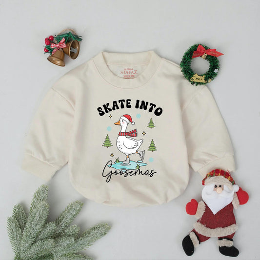 Whimsical Goose Ice Skating Bubble Romper Baby Toddler Christmas Outfit Green Blue Gold Festive Holiday Party Favor Cute Goosemas Gift