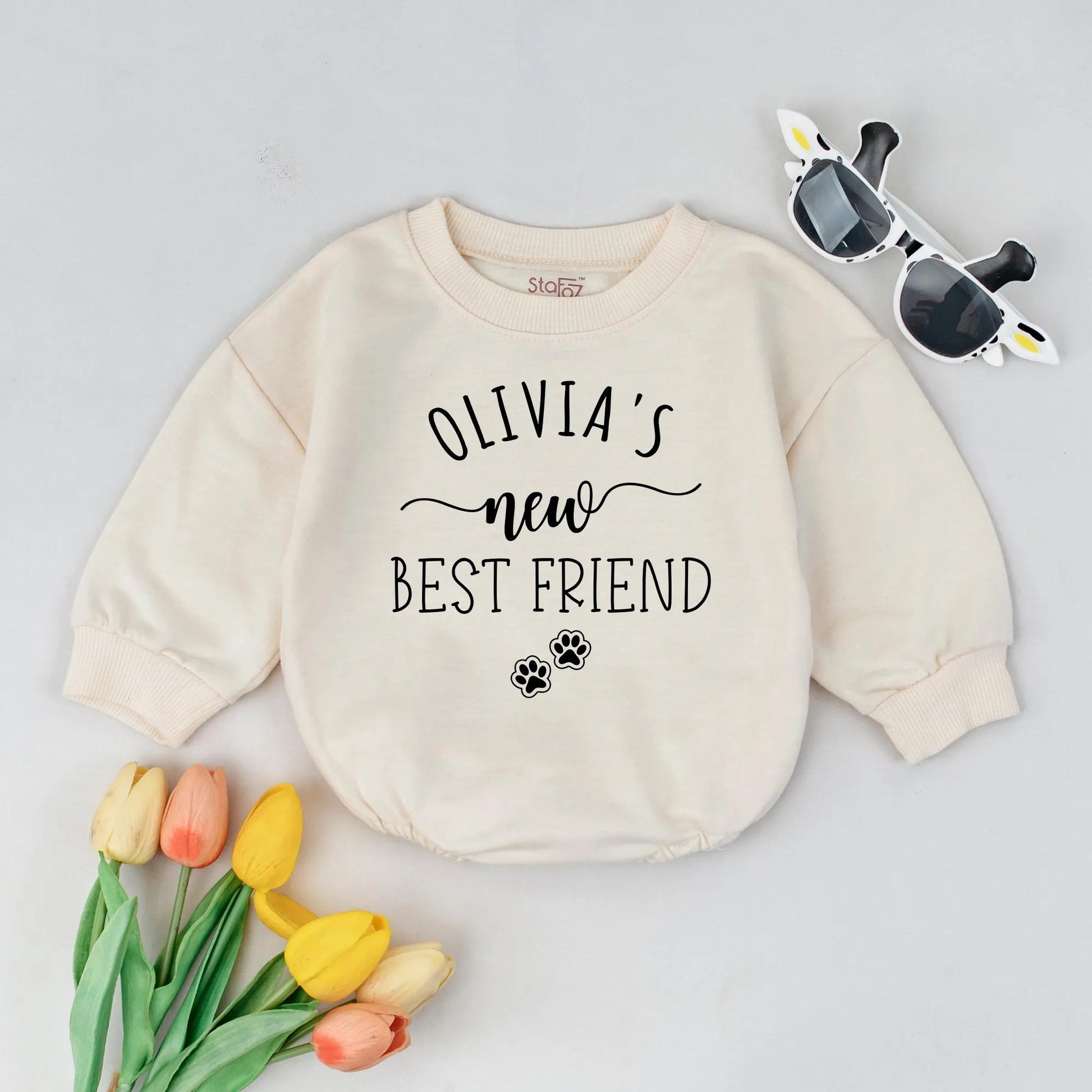 Personalized New Best Friend Dog Baby Bubble Romper with Custom Name & Paw Prints Design, Newborn Outfit Pregnancy Reveal Bodysuit Pet Lover Gift.