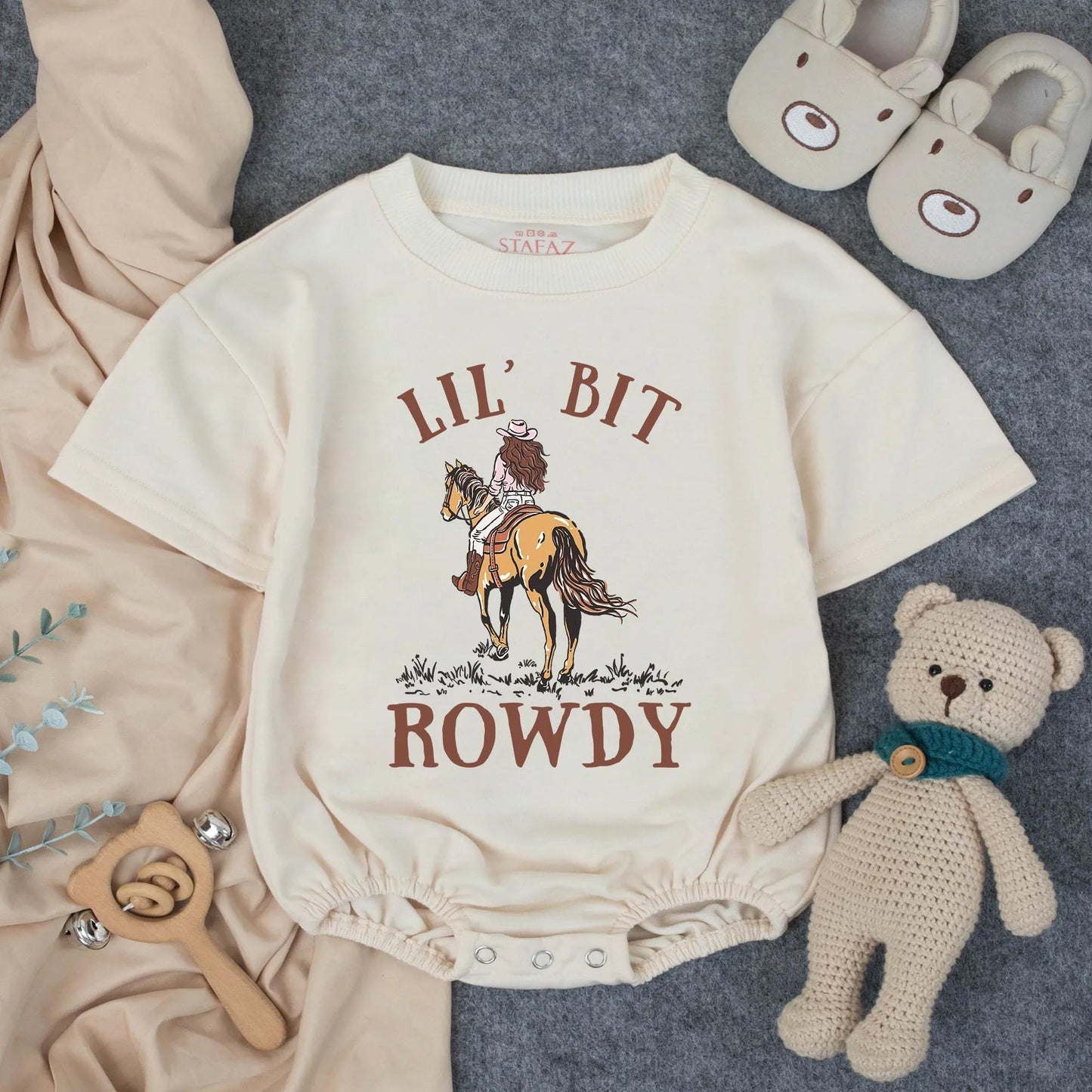 Lil' Bit Rowdy Girls Rodeo Bubble Romper Toddler Western Outfit Adorable Country Baby Girl Clothes Soft Summer Little Cowgirl Gift