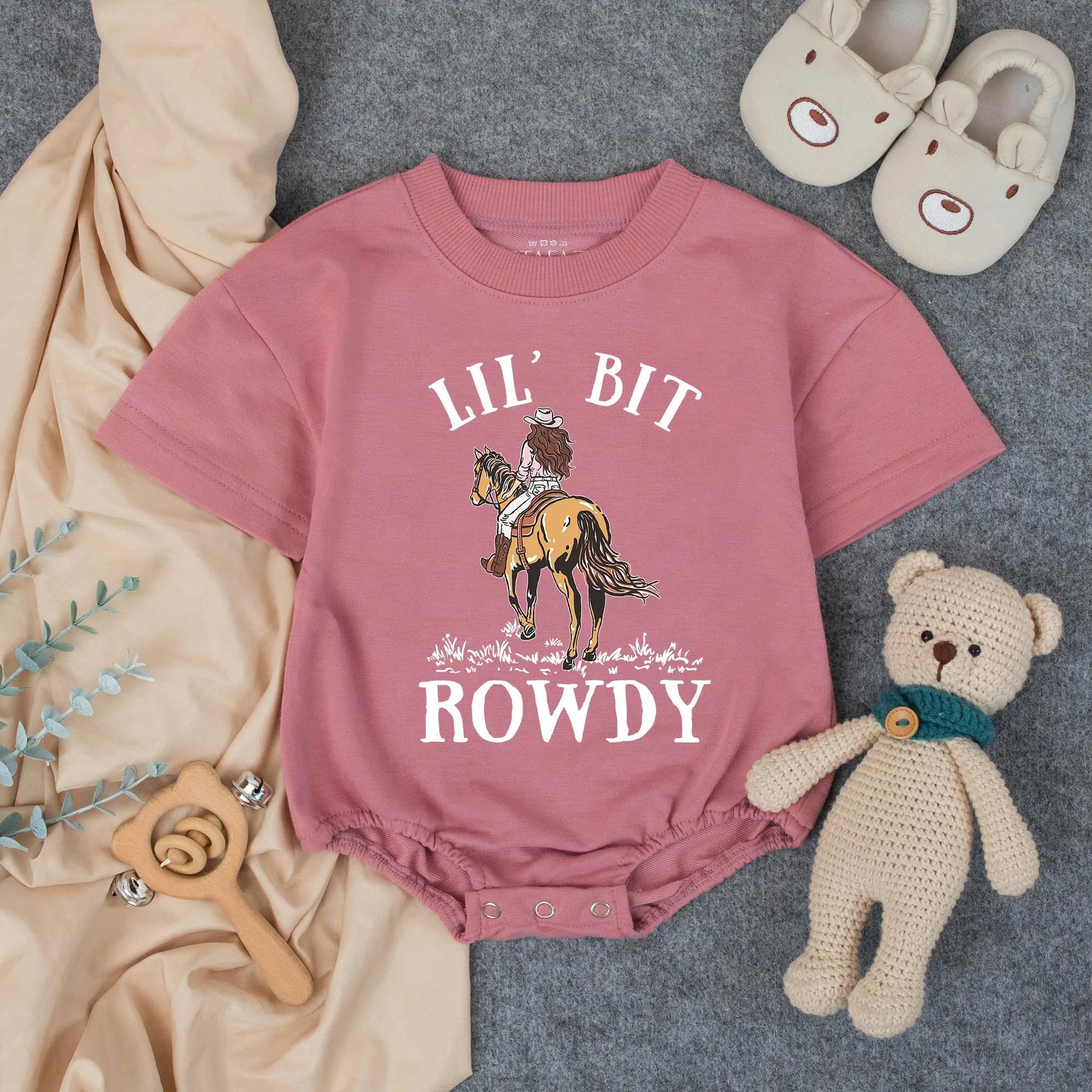 Lil' Bit Rowdy Girls Rodeo Bubble Romper Toddler Western Outfit Adorable Country Baby Girl Clothes Soft Summer Little Cowgirl Gift