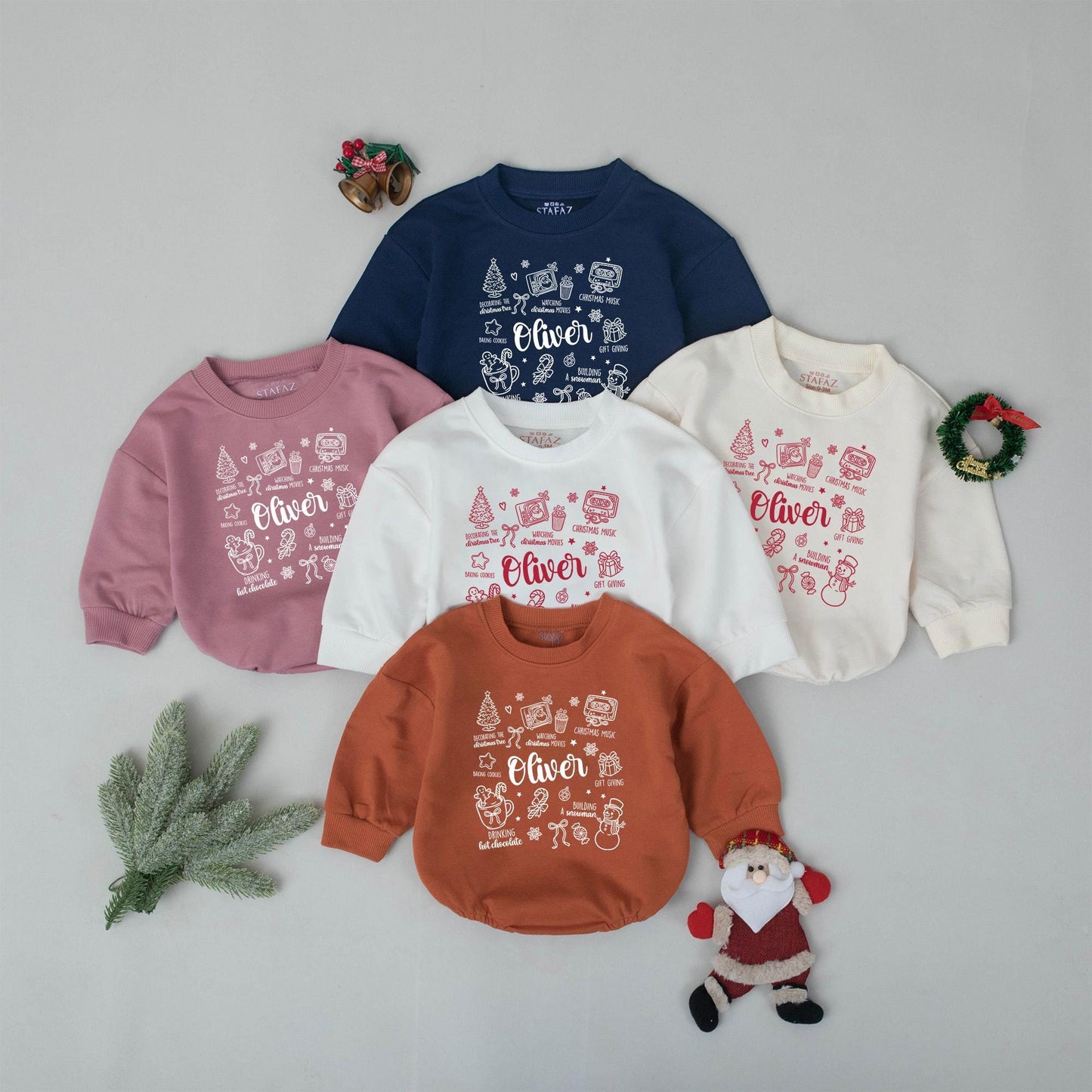 Custom Baby's First Christmas Bubble Romper, Retro Xmas Doodle Outfit, Personalized Newborn Coming Home Outfit, Festive Holiday Baby Shower Gift (138 chars)