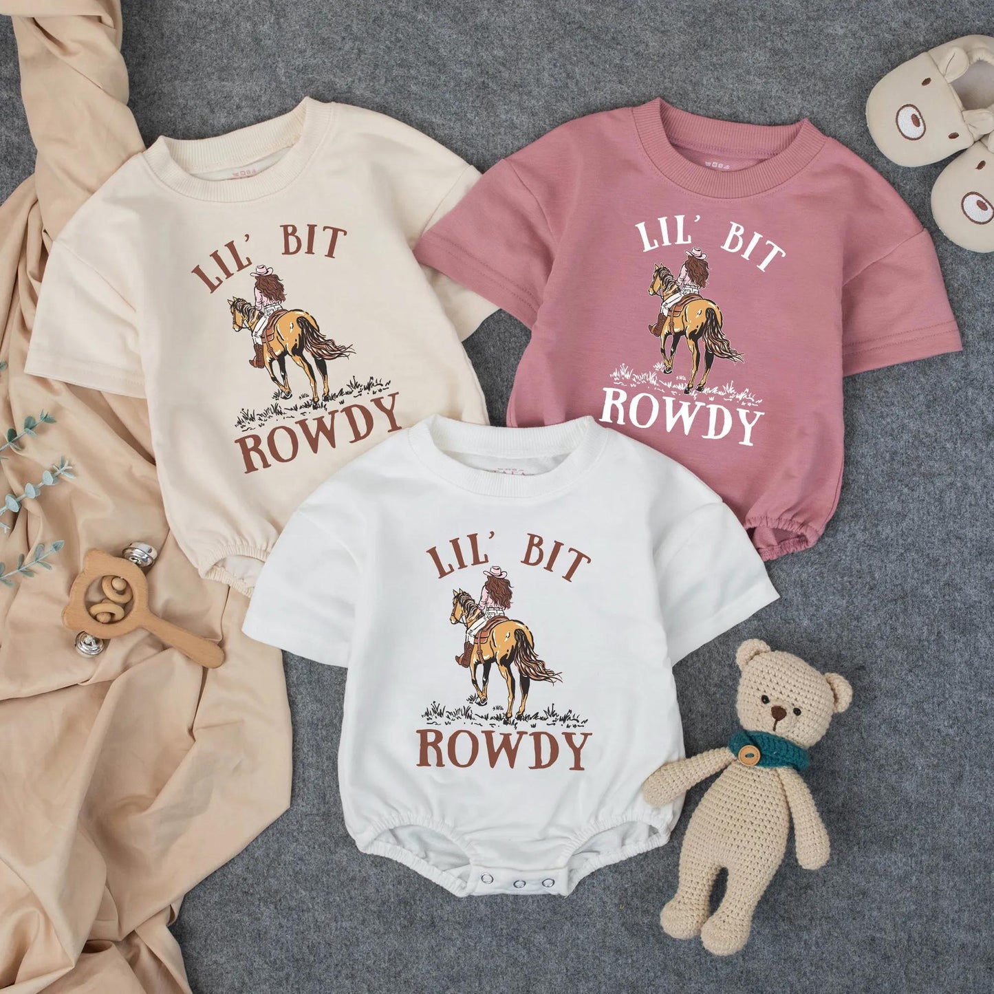 Lil' Bit Rowdy Girls Rodeo Bubble Romper Toddler Western Outfit Adorable Country Baby Girl Clothes Soft Summer Little Cowgirl Gift
