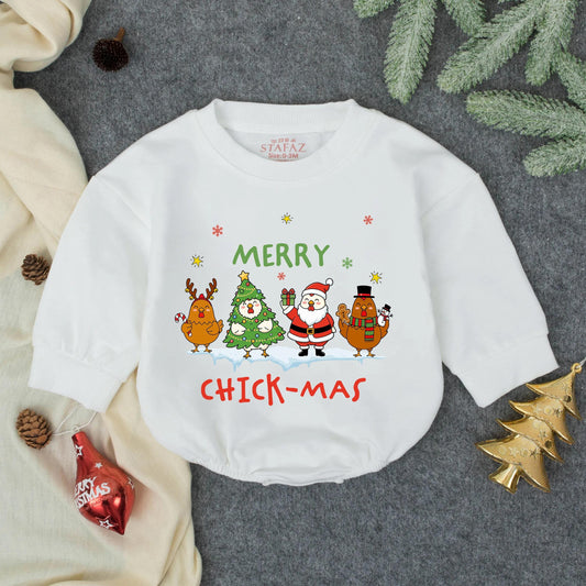 Merry Chick-Mas Christmas Baby Romper, Funny Chicken Outfit, Holiday Farm Animal Bodysuit, Cute Xmas Gift, Playful Toddler Clothes, Soft Cotton 138 char