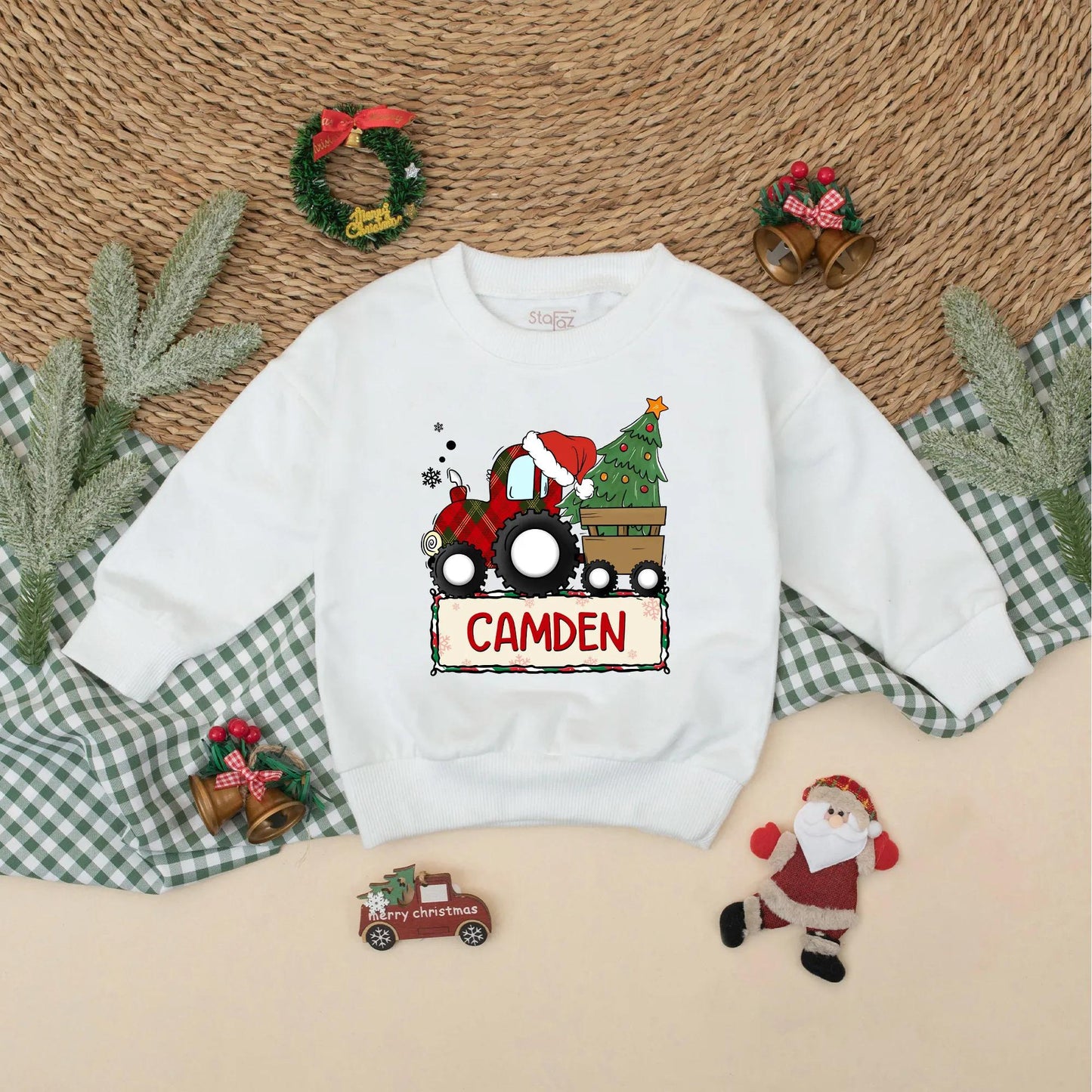 Custom Baby Boy Christmas Red Plaid Tractor Bubble Romper Holiday Bodysuit Winter Outfit Infant Gift Festive Santa Hat Tree Snowflakes