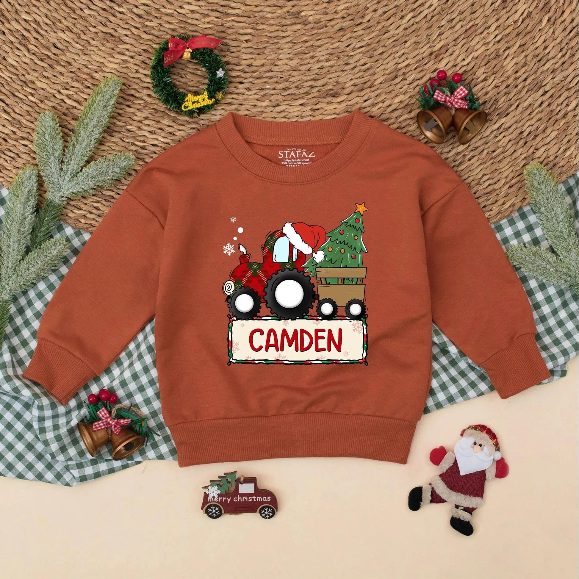 Custom Baby Boy Christmas Red Plaid Tractor Bubble Romper Holiday Bodysuit Winter Outfit Infant Gift Festive Santa Hat Tree Snowflakes