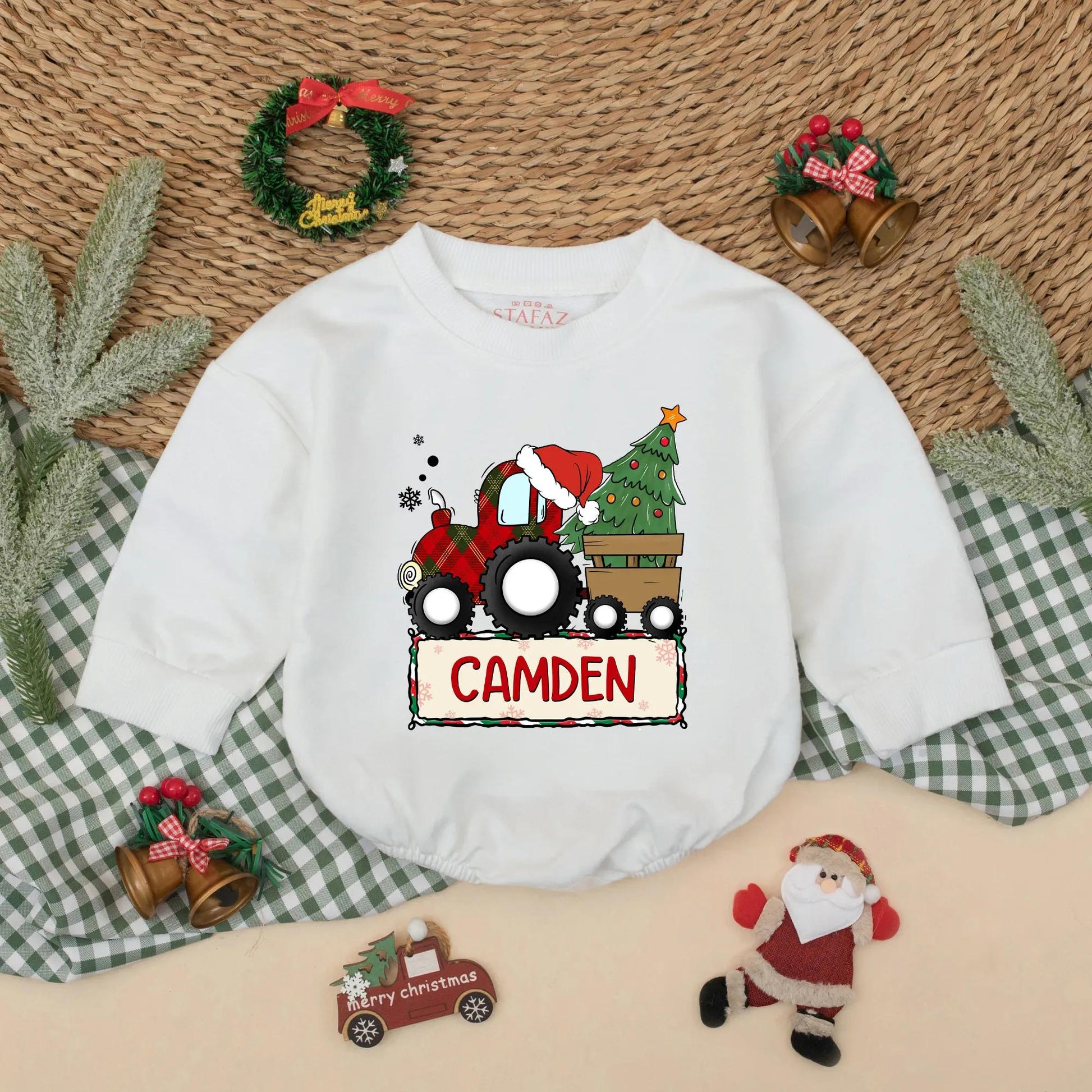Custom Baby Boy Christmas Red Plaid Tractor Bubble Romper Holiday Bodysuit Winter Outfit Infant Gift Festive Santa Hat Tree Snowflakes