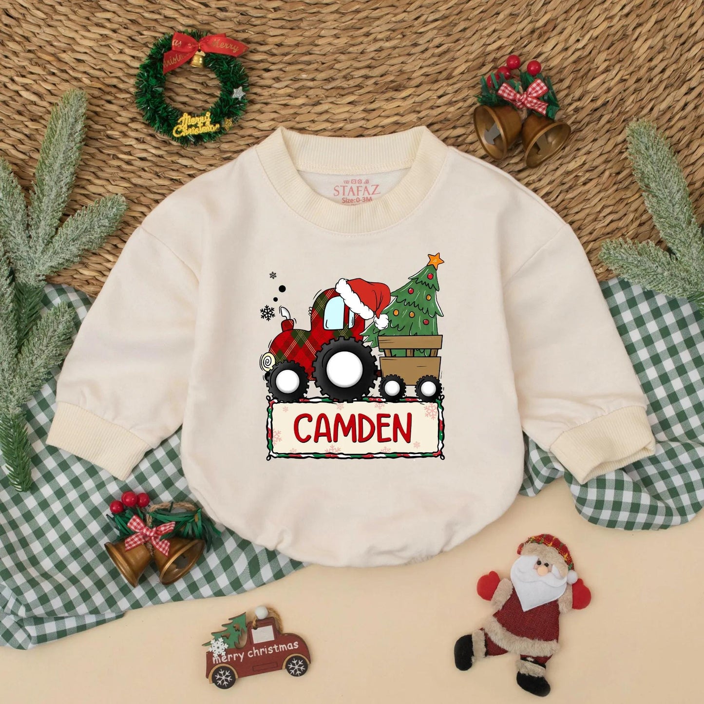 Custom Baby Boy Christmas Red Plaid Tractor Bubble Romper Holiday Bodysuit Winter Outfit Infant Gift Festive Santa Hat Tree Snowflakes