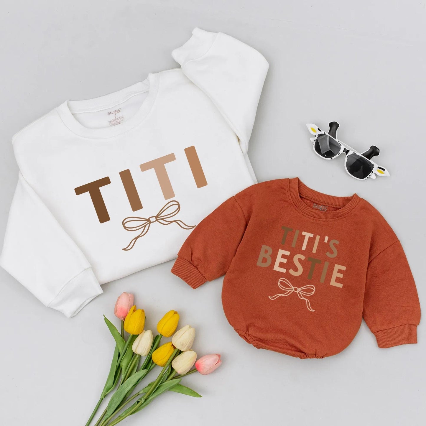 Matching TITI & TITI'S BESTIE Outfits, Custom Dark Brown Block Text & Light Brown Bow Design, Auntie & Niece Matching Gift, Baby Bodysuit