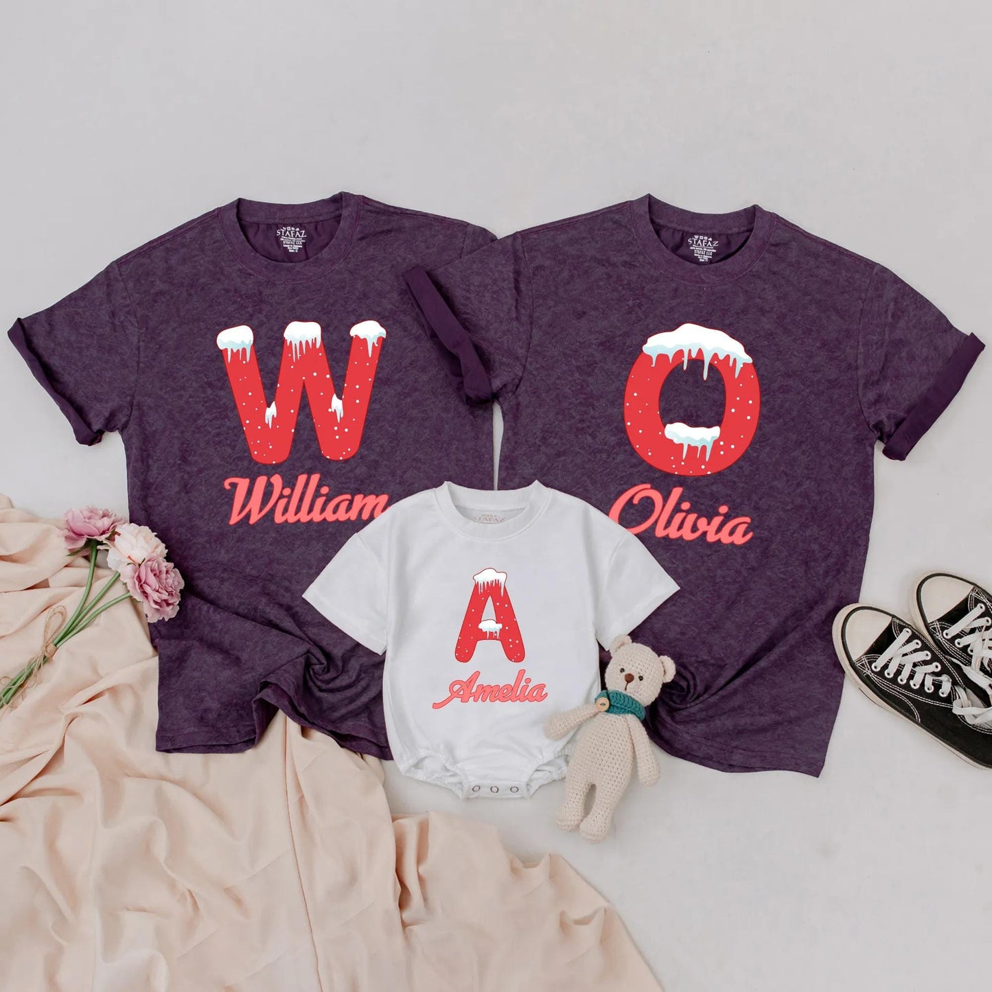 Custom Last Name Christmas Family Shirts, Matching Xmas Outfit, Doodle Alphabet Design, Family Reunion Gifts