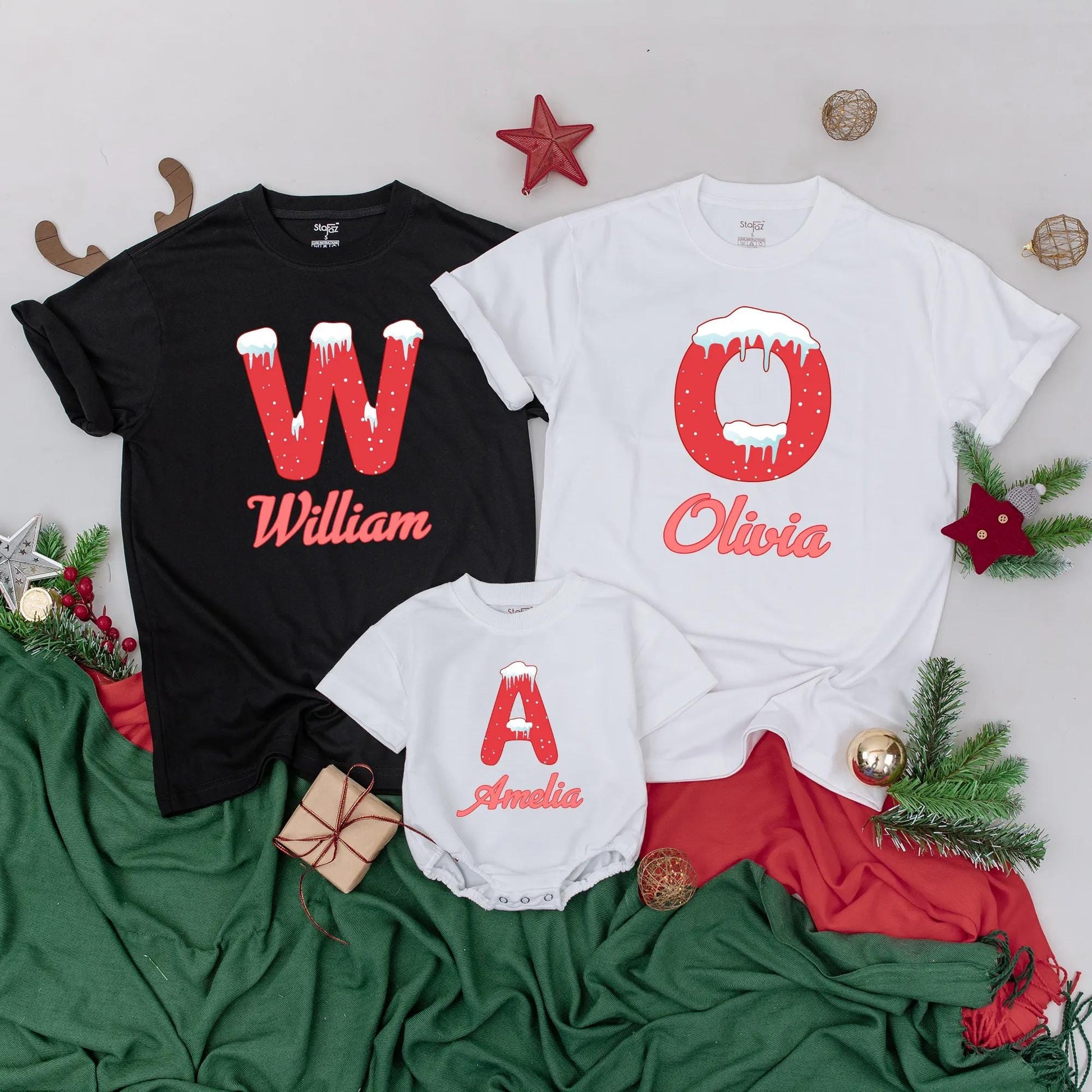 Custom Last Name Christmas Family Shirts, Matching Xmas Outfit, Doodle Alphabet Design, Family Reunion Gifts