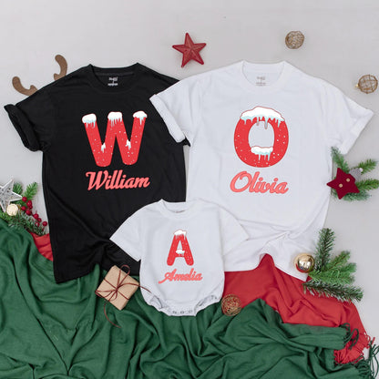 Custom Last Name Christmas Family Shirts, Matching Xmas Outfit, Doodle Alphabet Design, Family Reunion Gifts