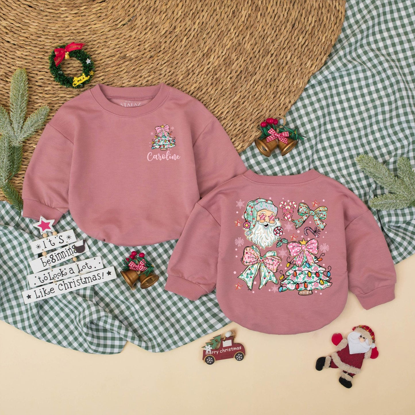 Personalized Christmas Baby Girl Romper with Pink Bow Christmas Tree & Caroline Name, Santa Bodysuit, Newborn Girl Outfit