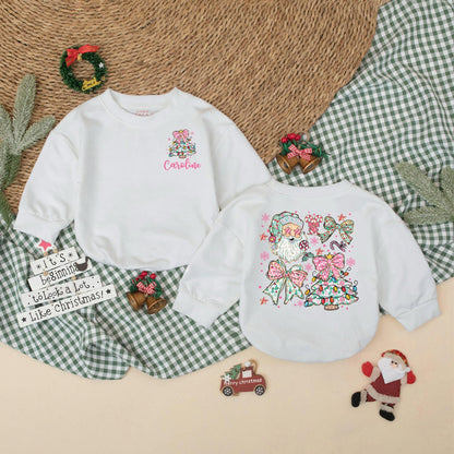 Personalized Christmas Baby Girl Romper with Pink Bow Christmas Tree & Caroline Name, Santa Bodysuit, Newborn Girl Outfit