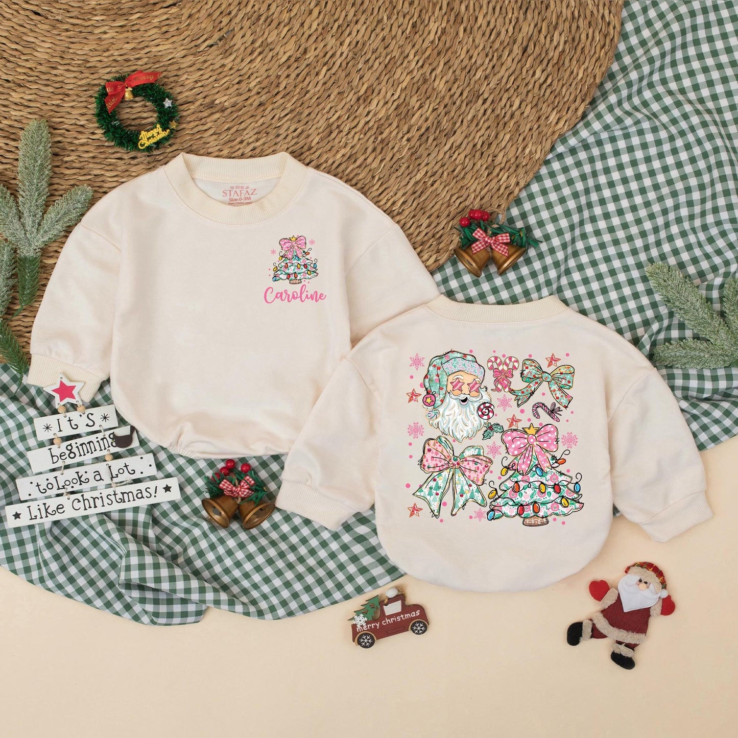 Personalized Christmas Baby Girl Romper with Pink Bow Christmas Tree & Caroline Name, Santa Bodysuit, Newborn Girl Outfit