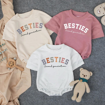 Custom Second Generation Besties Baby Romper with Personalized Name Pink Orange Gray Best Friend Infant Outfit Playful Toddler Shower Gift Baby Announcement