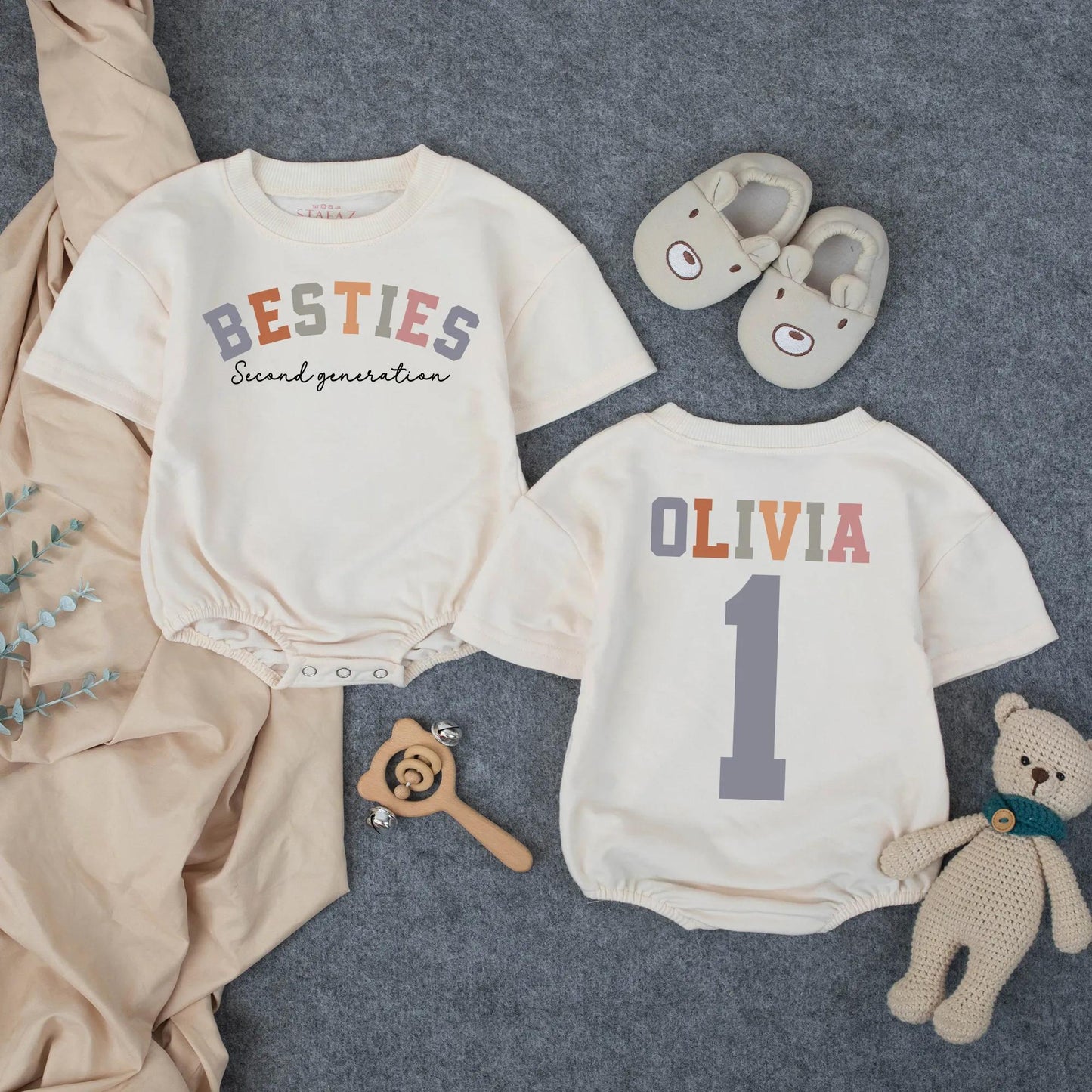 Custom Second Generation Besties Baby Romper with Personalized Name Pink Orange Gray Best Friend Infant Outfit Playful Toddler Shower Gift Baby Announcement