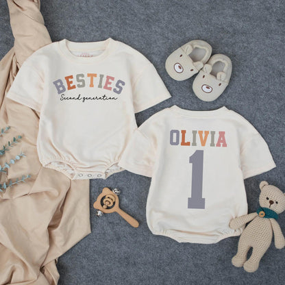 Custom Second Generation Besties Baby Romper with Personalized Name Pink Orange Gray Best Friend Infant Outfit Playful Toddler Shower Gift Baby Announcement