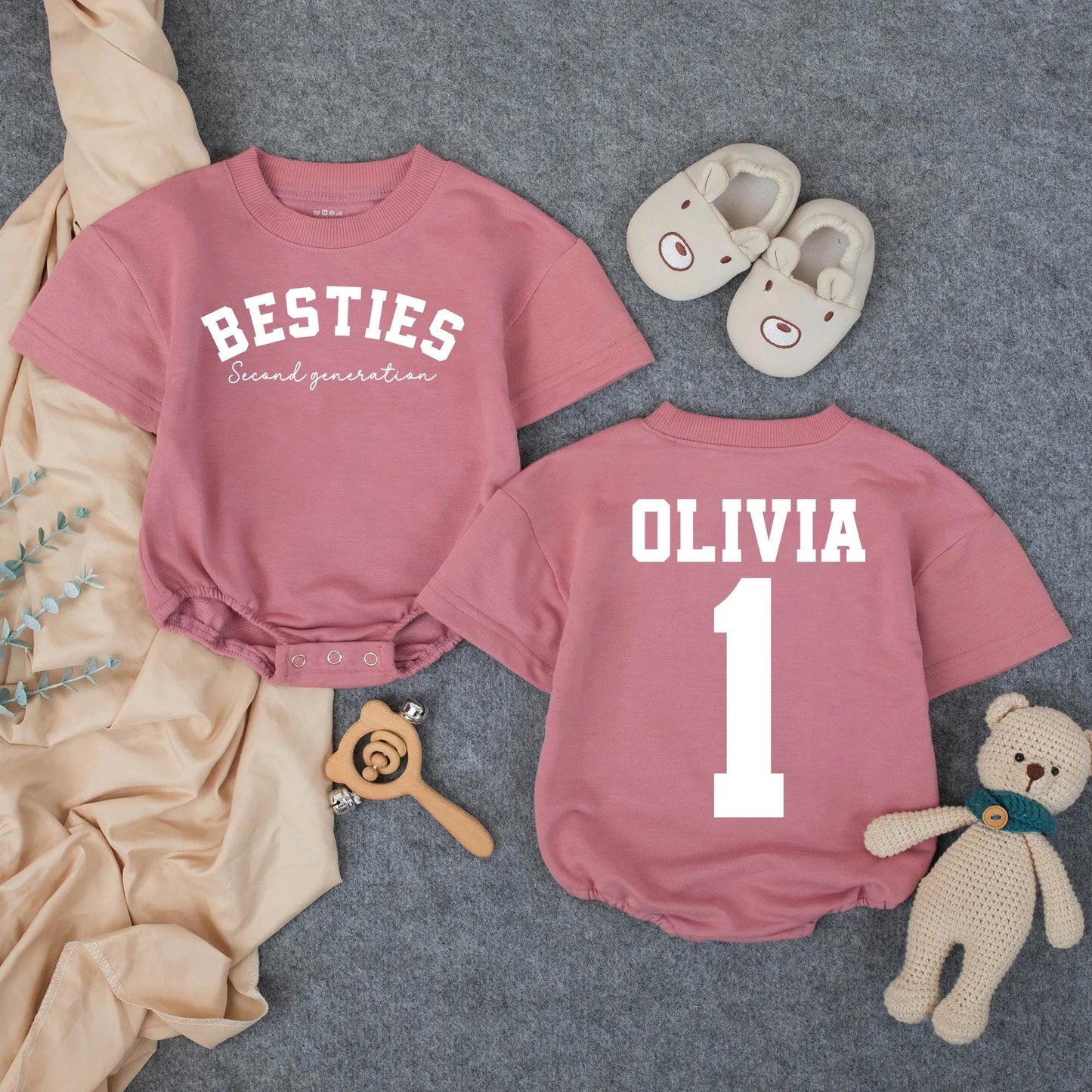 Custom Second Generation Besties Baby Romper with Personalized Name Pink Orange Gray Best Friend Infant Outfit Playful Toddler Shower Gift Baby Announcement