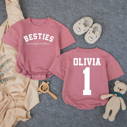 Custom Second Generation Besties Baby Romper with Personalized Name Pink Orange Gray Best Friend Infant Outfit Playful Toddler Shower Gift Baby Announcement