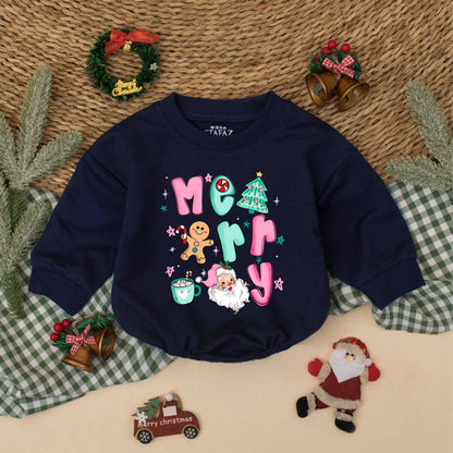 Merry Christmas Bubble Romper for Baby Girl | Cute Holiday Xmas Bodysuit Newborn Toddler Outfit | Christmas Baby Shower Gift