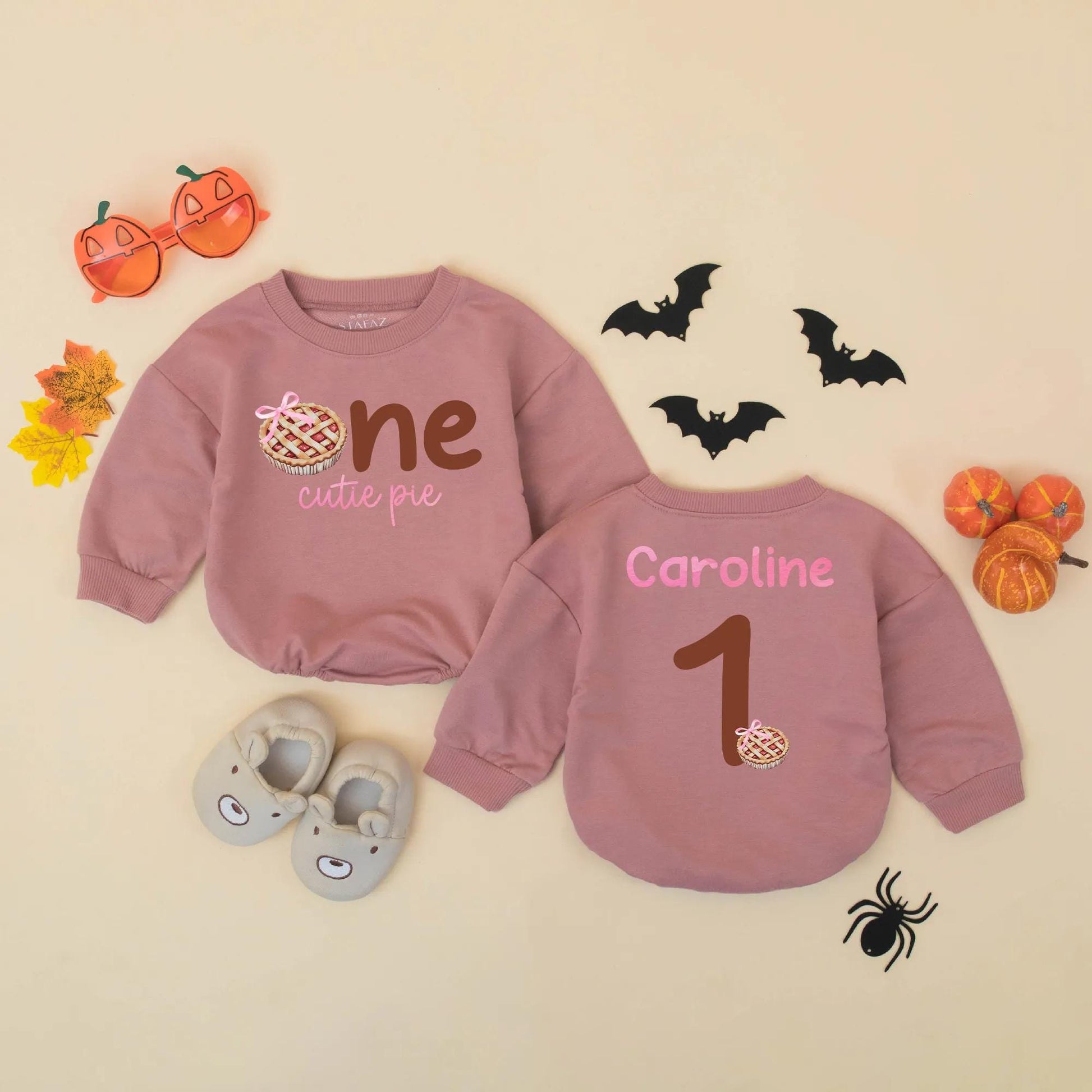Personalized One Cutie Pie First Birthday Romper Bodysuit Fall Cake Smash Outfit Baby Girl Thanksgiving Brown Pink Pie Design