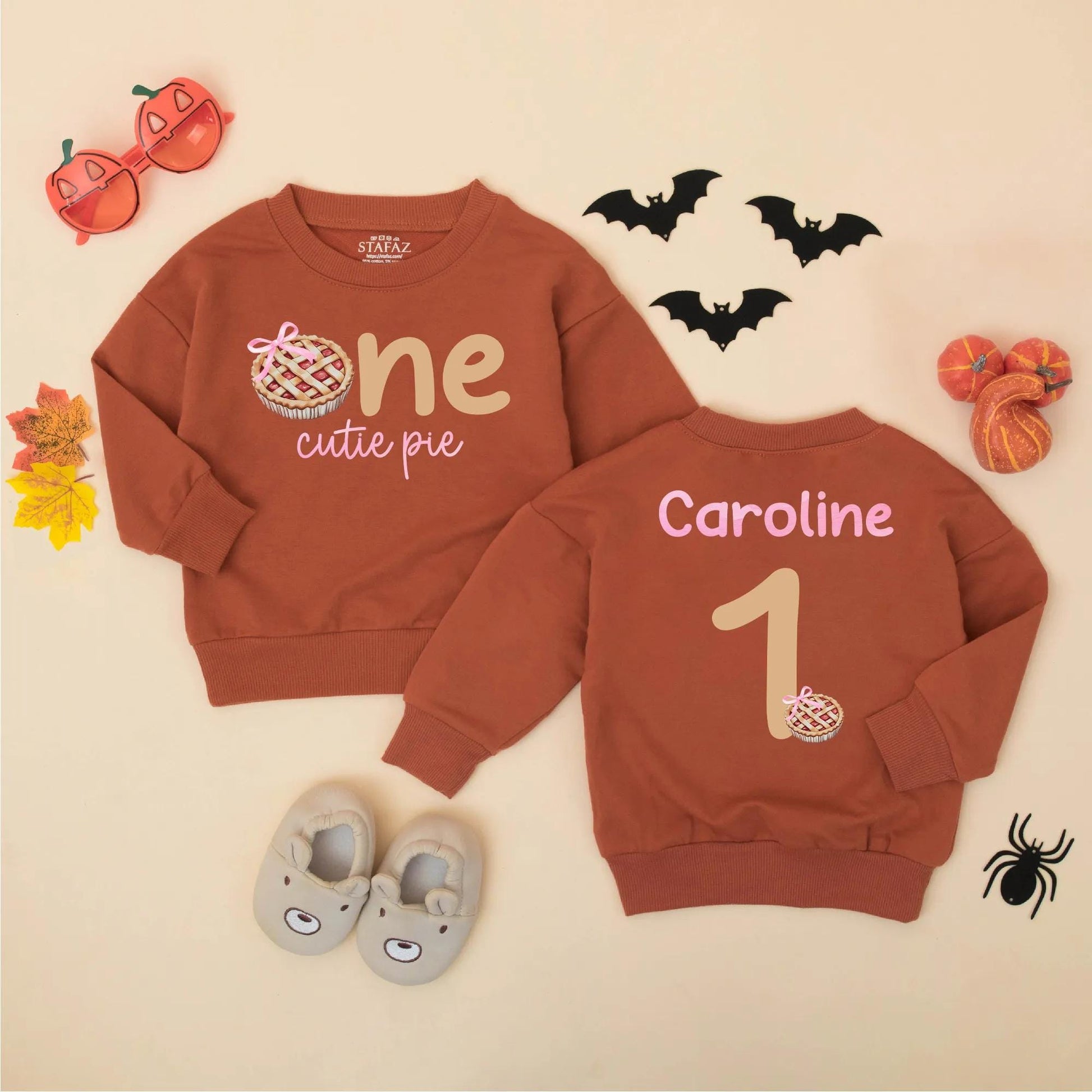 Personalized One Cutie Pie First Birthday Romper Bodysuit Fall Cake Smash Outfit Baby Girl Thanksgiving Brown Pink Pie Design