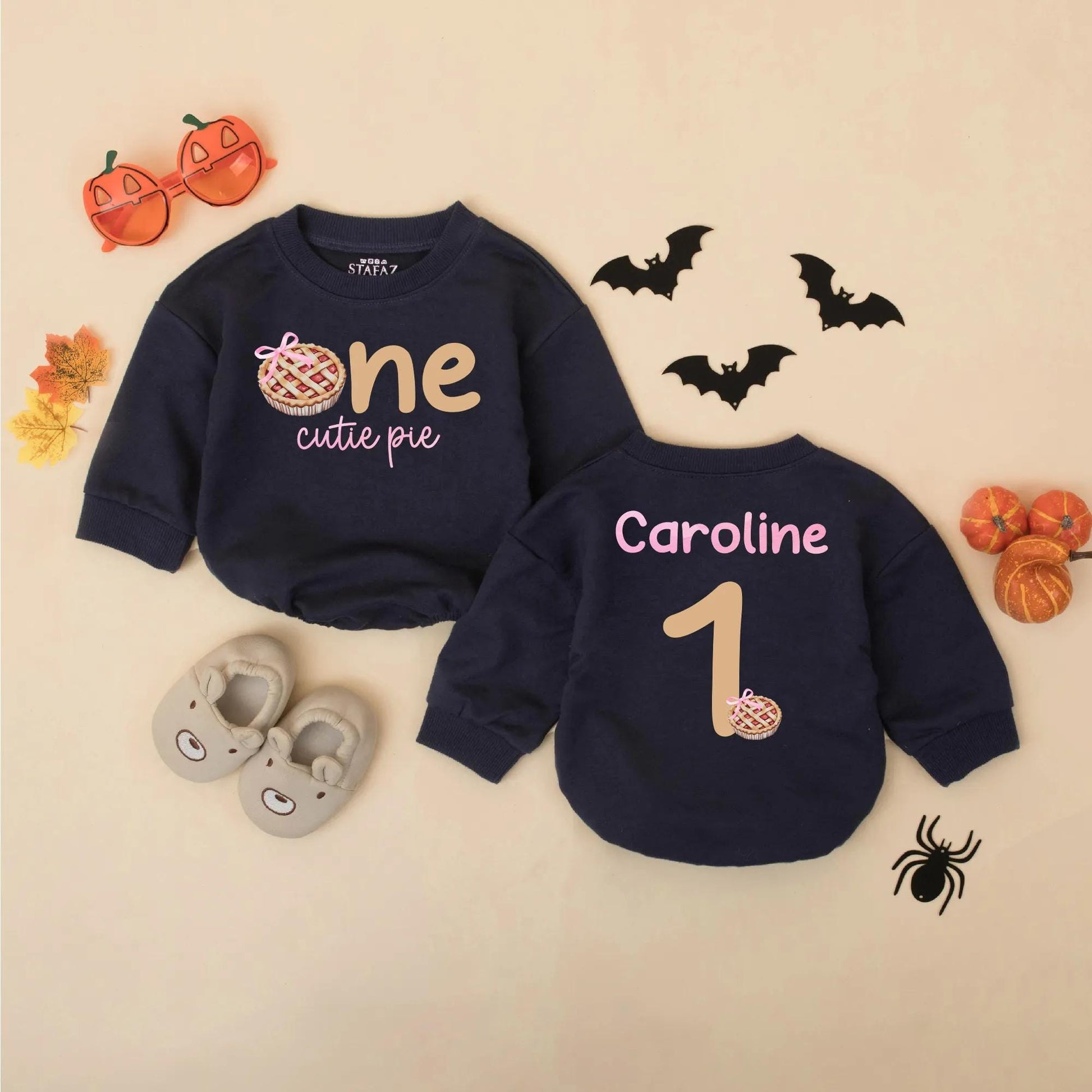 Personalized One Cutie Pie First Birthday Romper Bodysuit Fall Cake Smash Outfit Baby Girl Thanksgiving Brown Pink Pie Design
