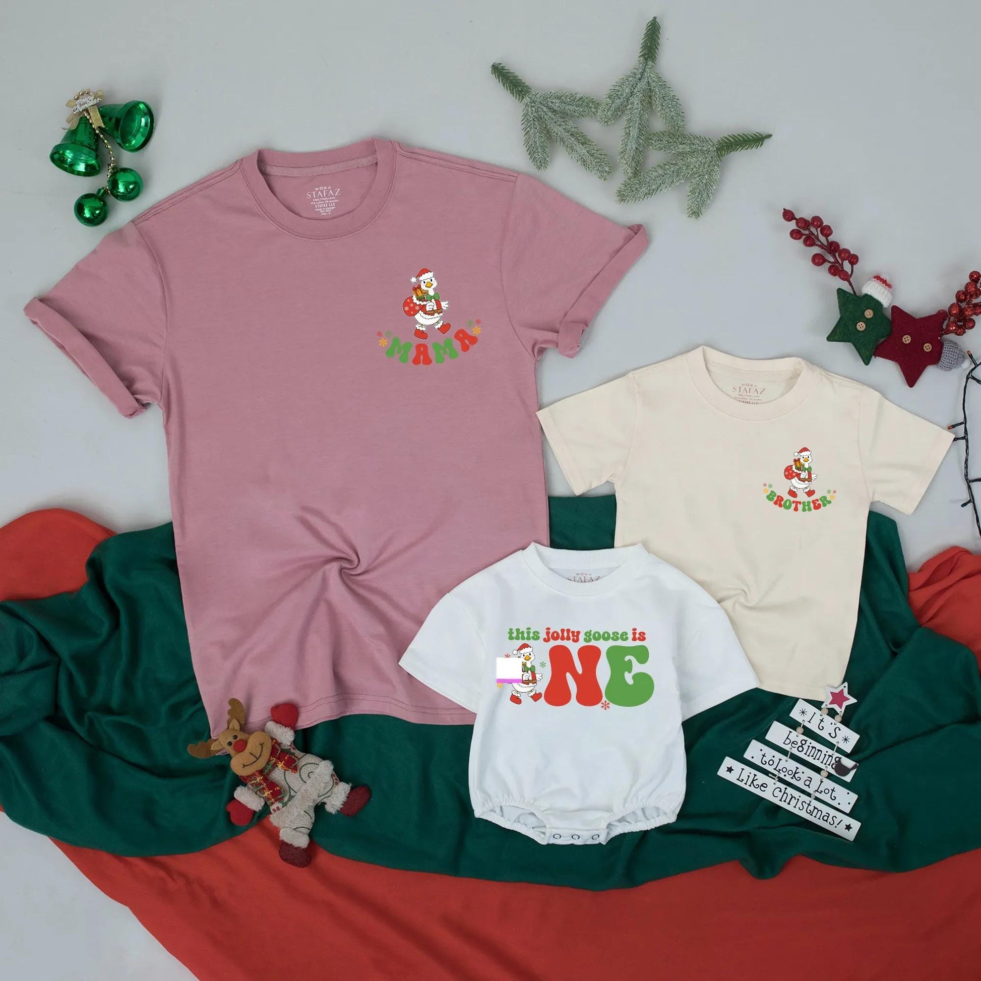 Personalized Christmas Goose Family Matching Shirts, Funny Holiday Tee for Dad, Mama, Brother, This Jolly Goose is ONE, Xmas Gift, Family Reunion Shirt