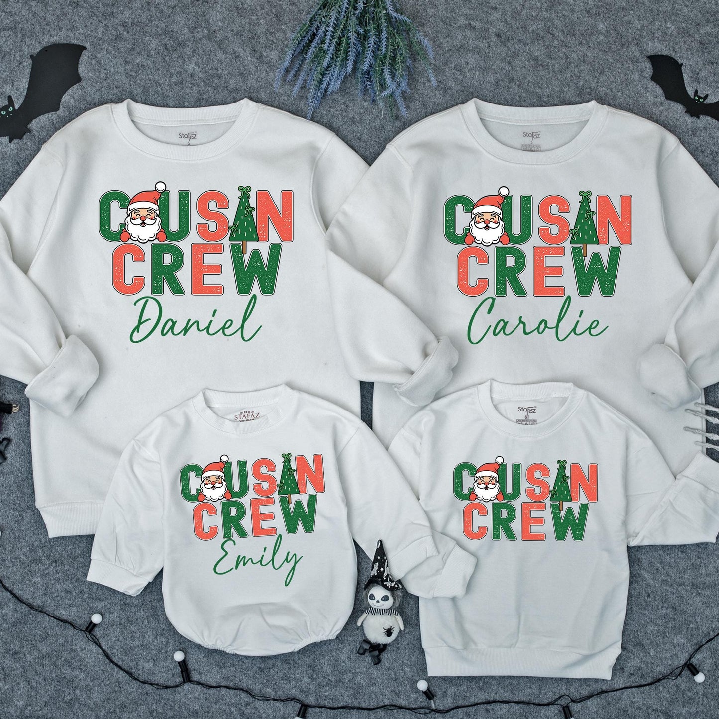 Retro Cousin Crew Christmas Sweatshirt Personalized with Santa & Tree Design Matching Family Holiday Apparel