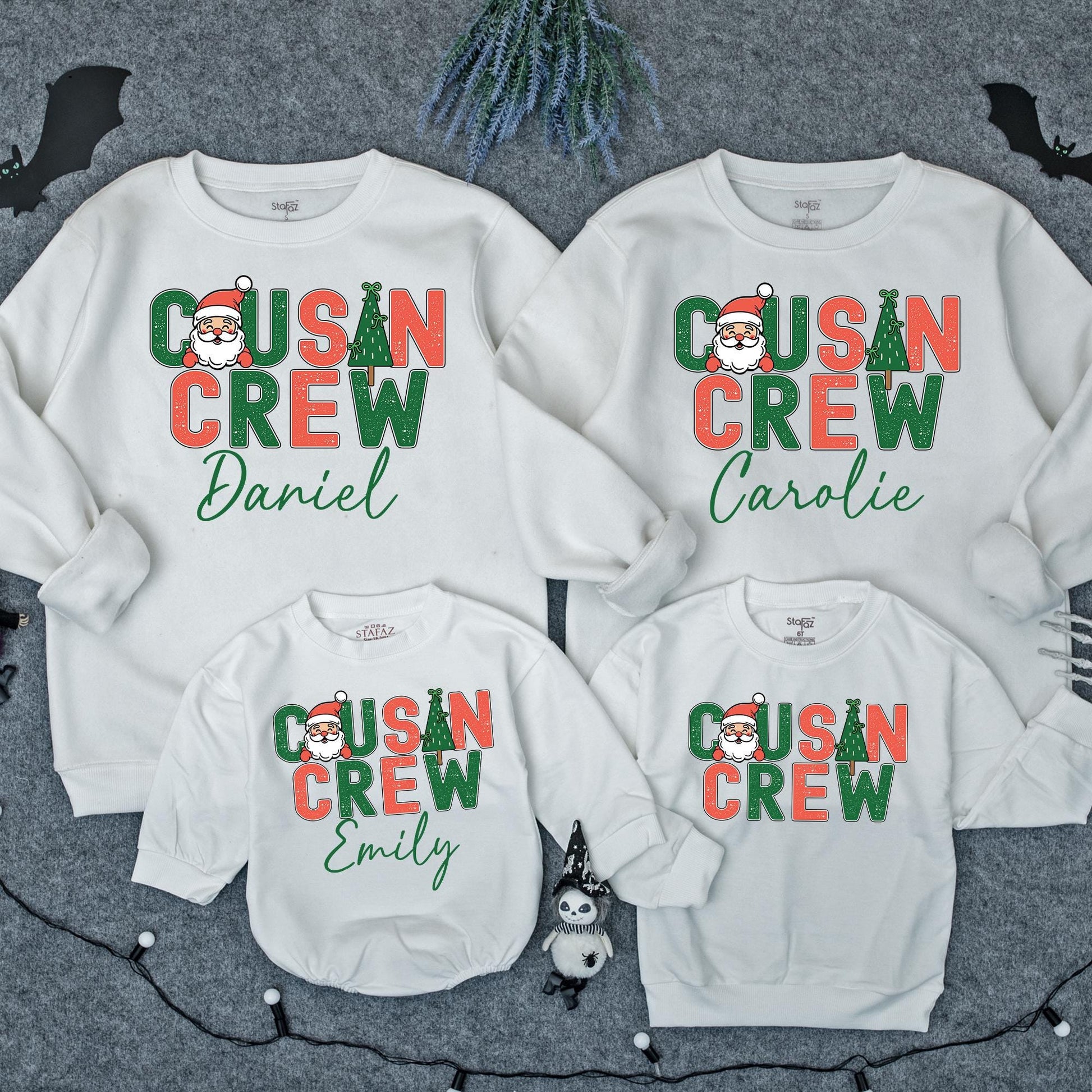 Retro Cousin Crew Christmas Sweatshirt Personalized with Santa & Tree Design Matching Family Holiday Apparel