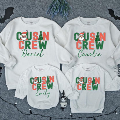 Retro Cousin Crew Christmas Sweatshirt Personalized with Santa & Tree Design Matching Family Holiday Apparel
