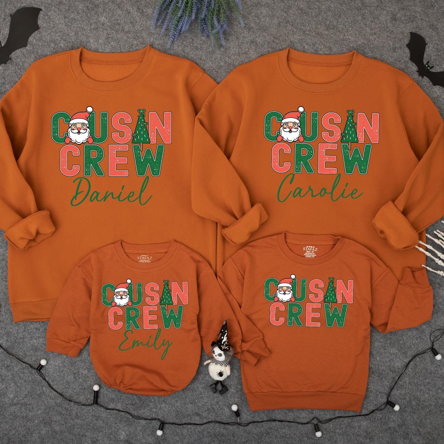 Retro Cousin Crew Christmas Sweatshirt Personalized with Santa & Tree Design Matching Family Holiday Apparel