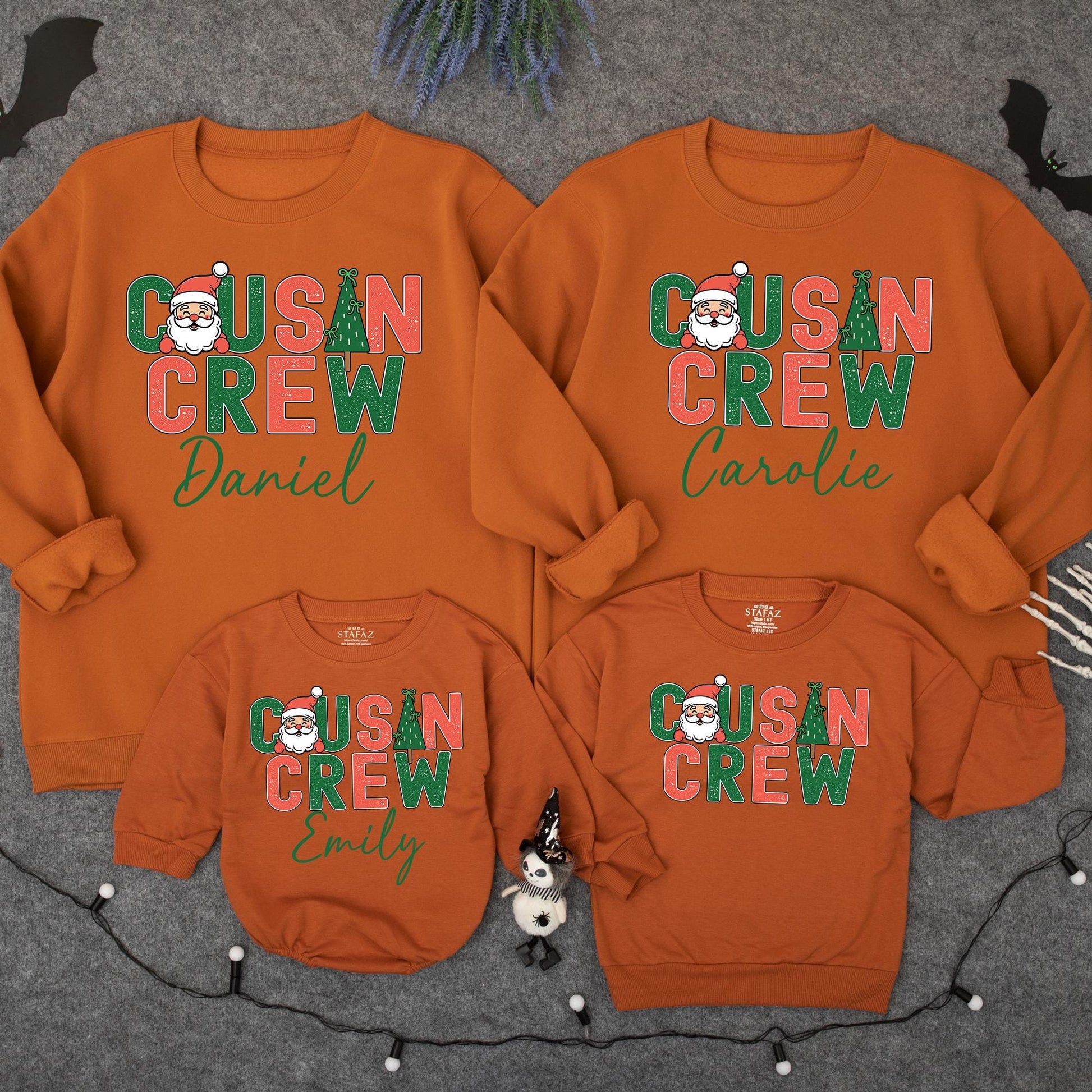 Retro Cousin Crew Christmas Sweatshirt Personalized with Santa & Tree Design Matching Family Holiday Apparel