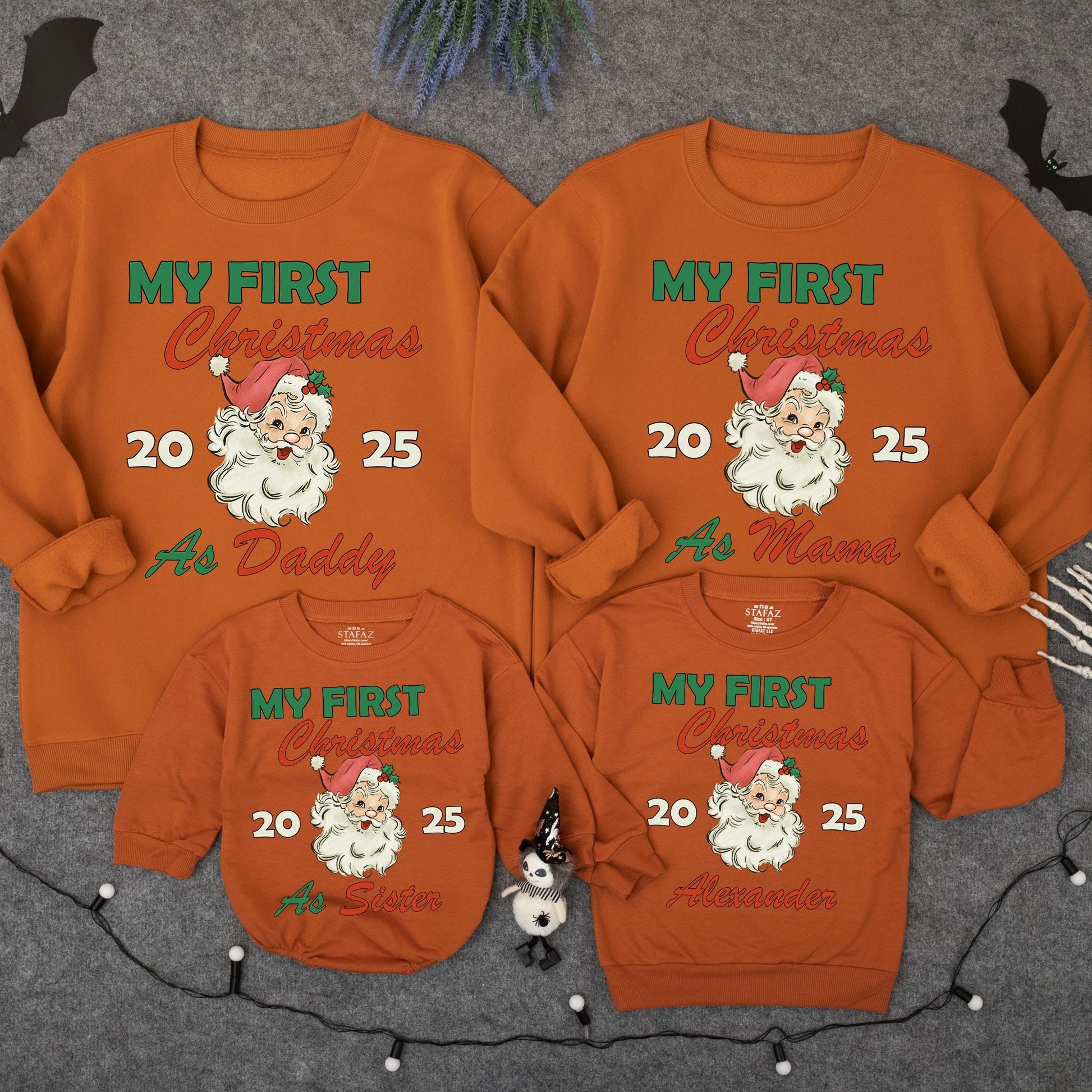 Personalized My First Christmas Family Matching Sweatshirt with Vintage Santa Design Holly Detail Festive Holiday Baby Sweater Gift for Infant Toddler 2025 Celebration