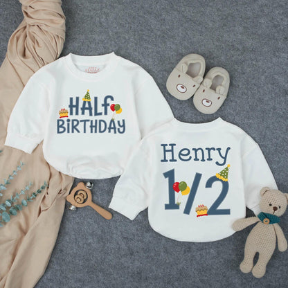 Henry's Half Birthday Boy Romper, Custom 6 Month Outfit, Personalized with Name, Cute Cake Balloons Design, Baby Milestone Gift, Playful Party Clothes