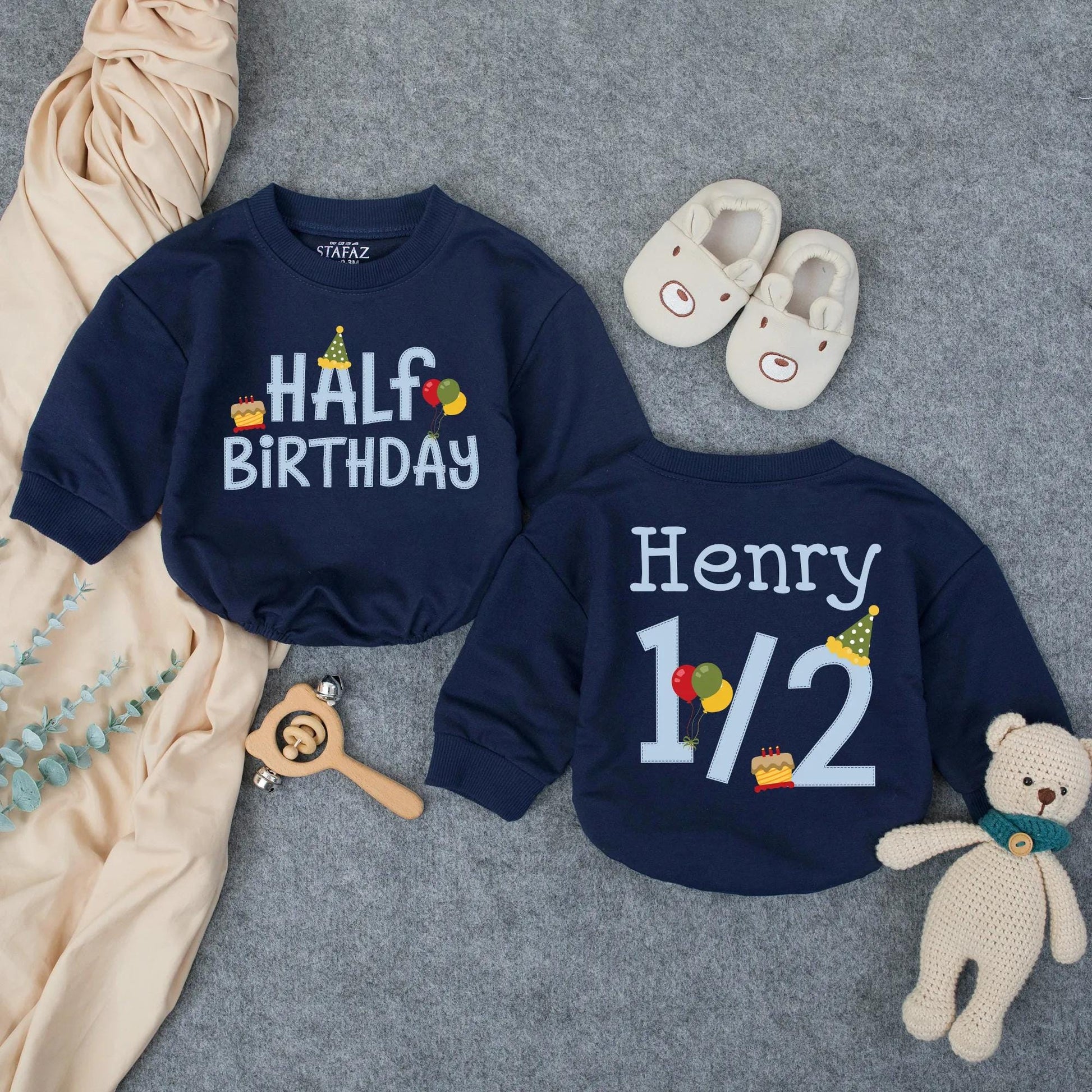 Henry's Half Birthday Boy Romper, Custom 6 Month Outfit, Personalized with Name, Cute Cake Balloons Design, Baby Milestone Gift, Playful Party Clothes