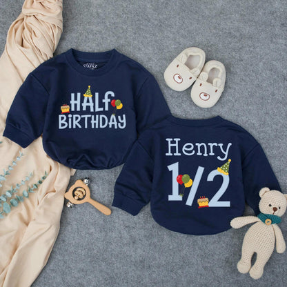 Henry's Half Birthday Boy Romper, Custom 6 Month Outfit, Personalized with Name, Cute Cake Balloons Design, Baby Milestone Gift, Playful Party Clothes