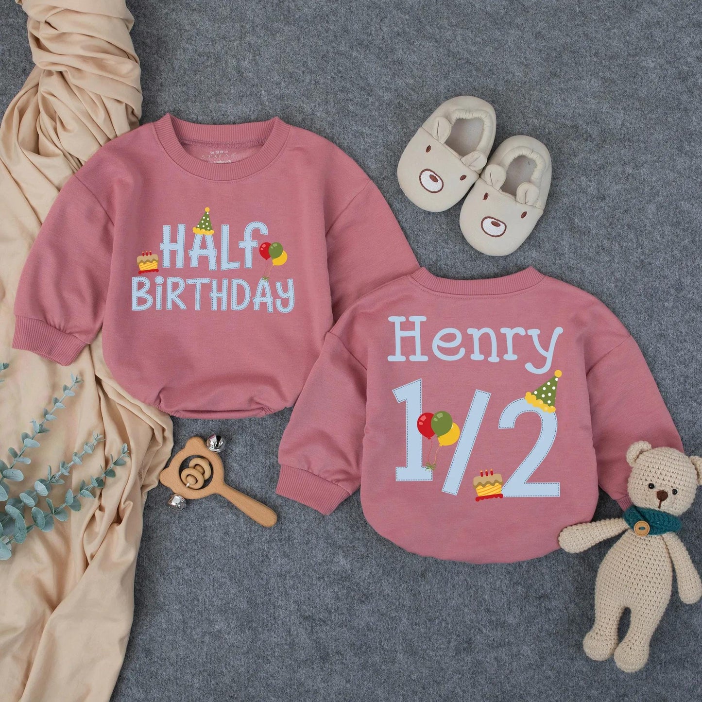 Henry's Half Birthday Boy Romper, Custom 6 Month Outfit, Personalized with Name, Cute Cake Balloons Design, Baby Milestone Gift, Playful Party Clothes