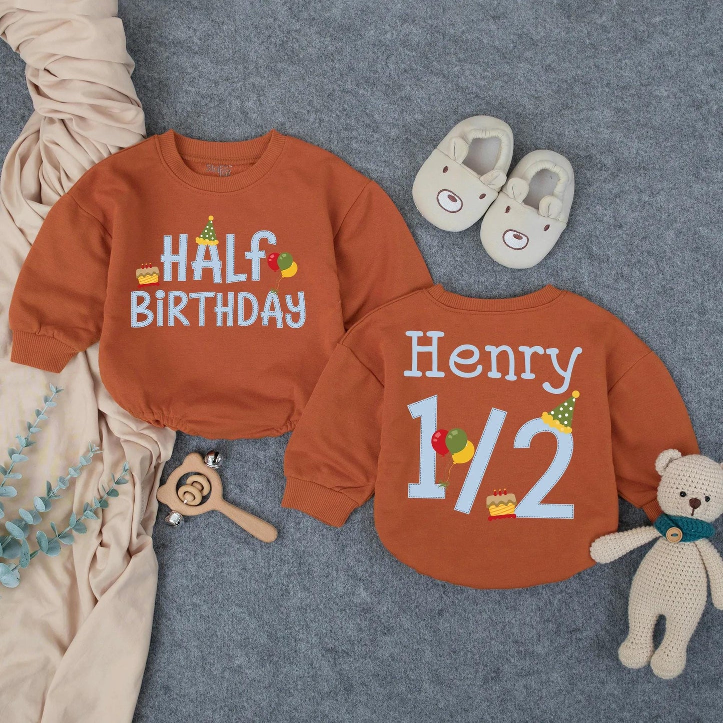 Henry's Half Birthday Boy Romper, Custom 6 Month Outfit, Personalized with Name, Cute Cake Balloons Design, Baby Milestone Gift, Playful Party Clothes