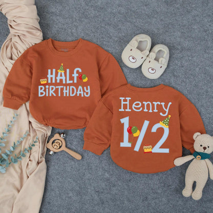 Henry's Half Birthday Boy Romper, Custom 6 Month Outfit, Personalized with Name, Cute Cake Balloons Design, Baby Milestone Gift, Playful Party Clothes