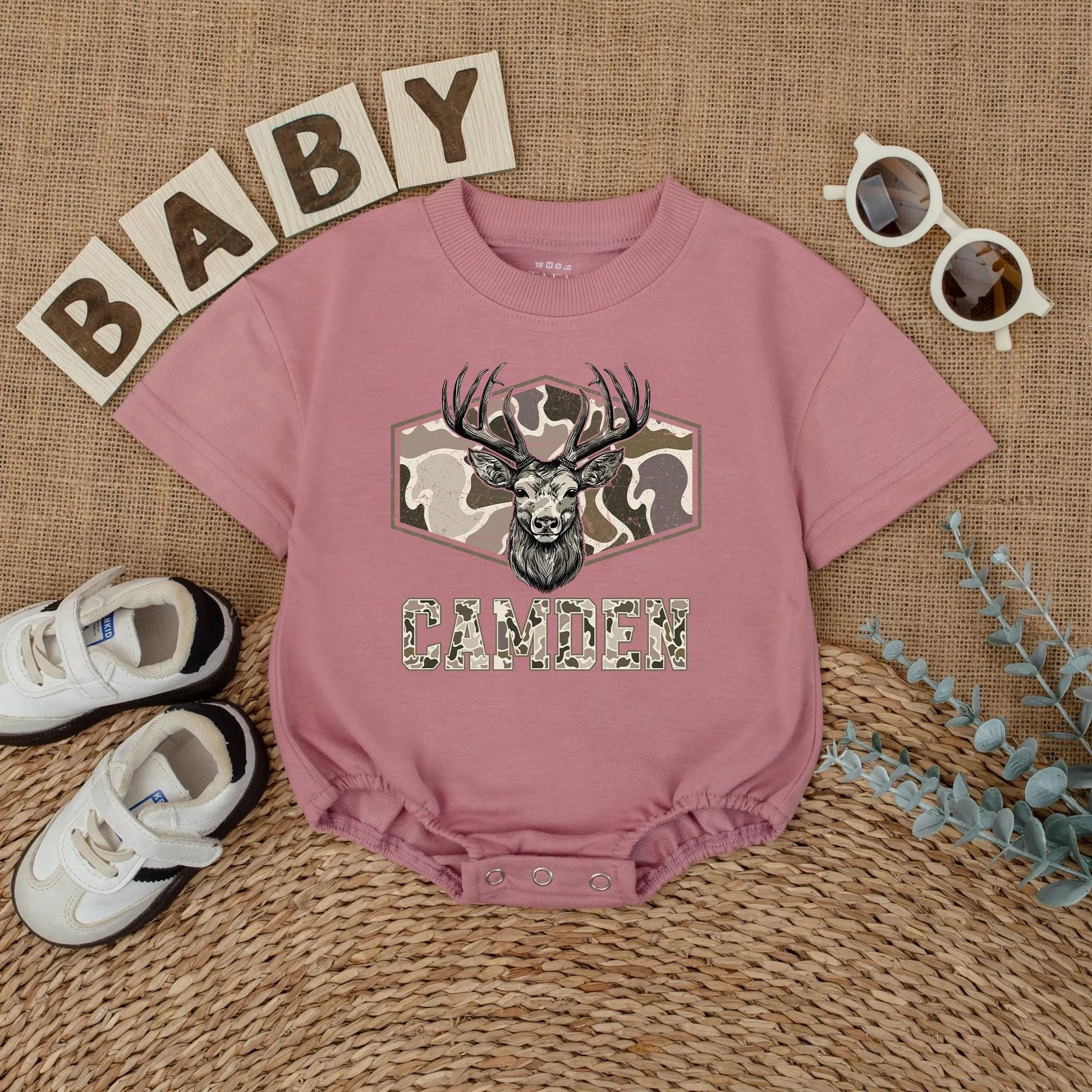 Personalized Camo Deer Hunting Romper for Baby Boy - Custom Bodysuit, Infant Clothes, Baby Shower Gift, Outdoor Outfit