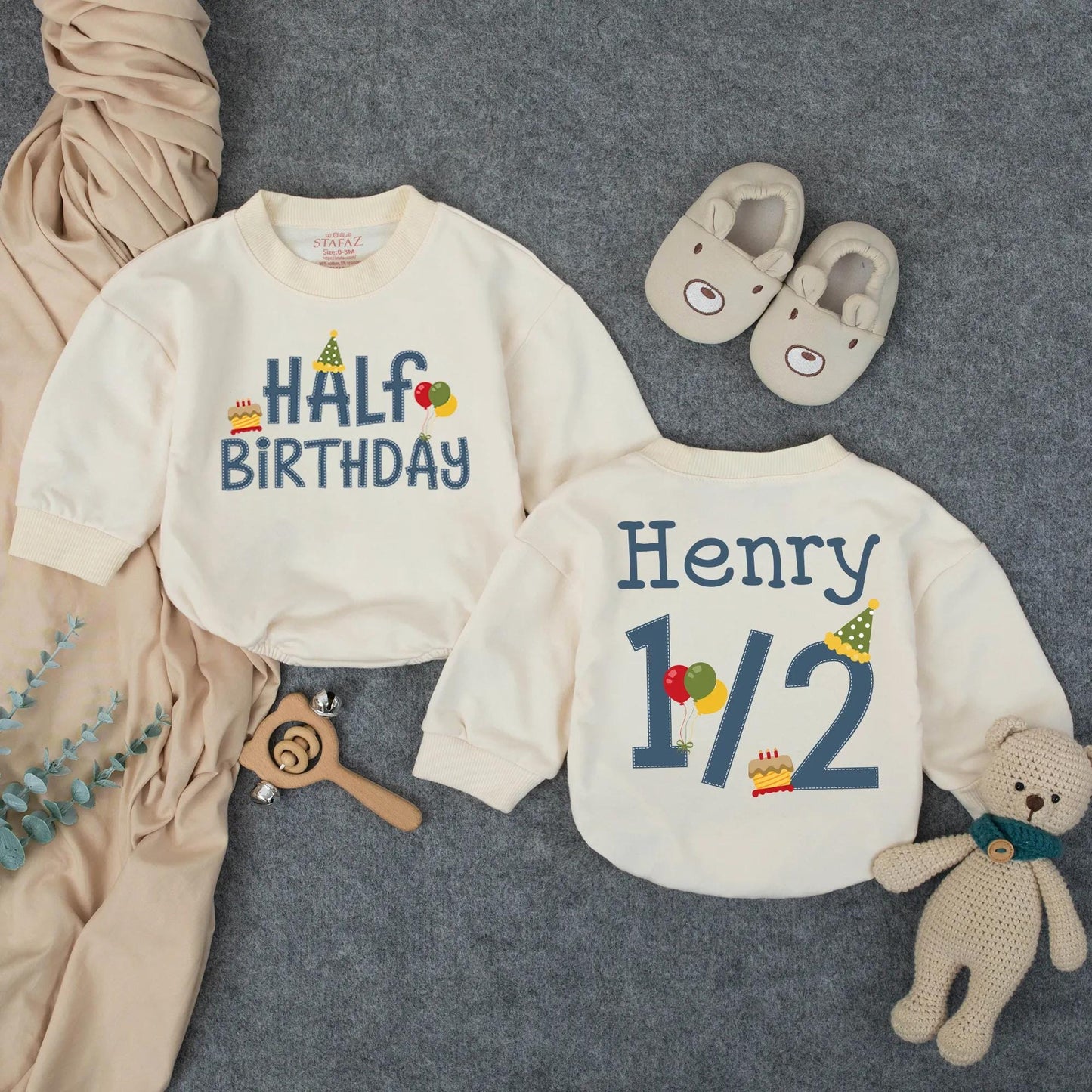 Henry's Half Birthday Boy Romper, Custom 6 Month Outfit, Personalized with Name, Cute Cake Balloons Design, Baby Milestone Gift, Playful Party Clothes