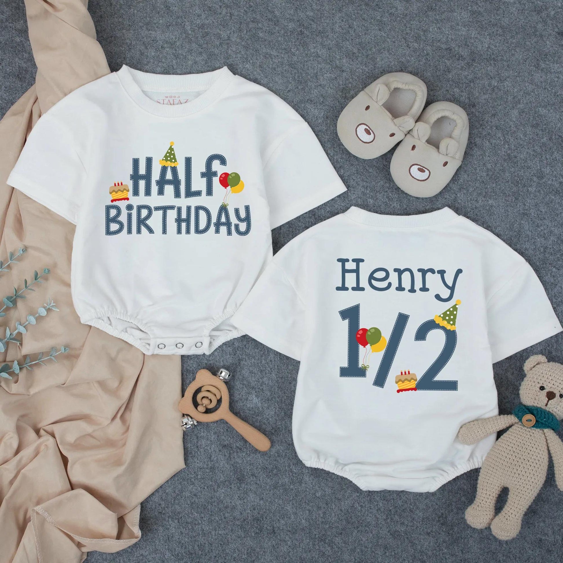 Half Birthday Boy Outfit Personalized Romper Set, 6 Month Milestone Party Clothes, Denim Blue Cake & Balloons, Custom Name "Henry" One Half Gift (138 chars)