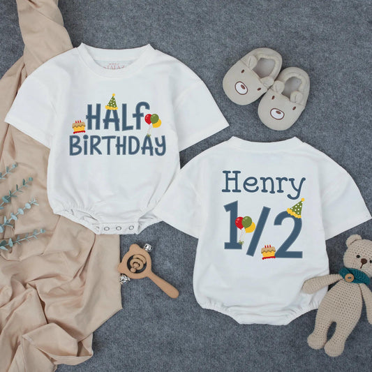 Half Birthday Boy Outfit Personalized Romper Set, 6 Month Milestone Party Clothes, Denim Blue Cake & Balloons, Custom Name "Henry" One Half Gift (138 chars)