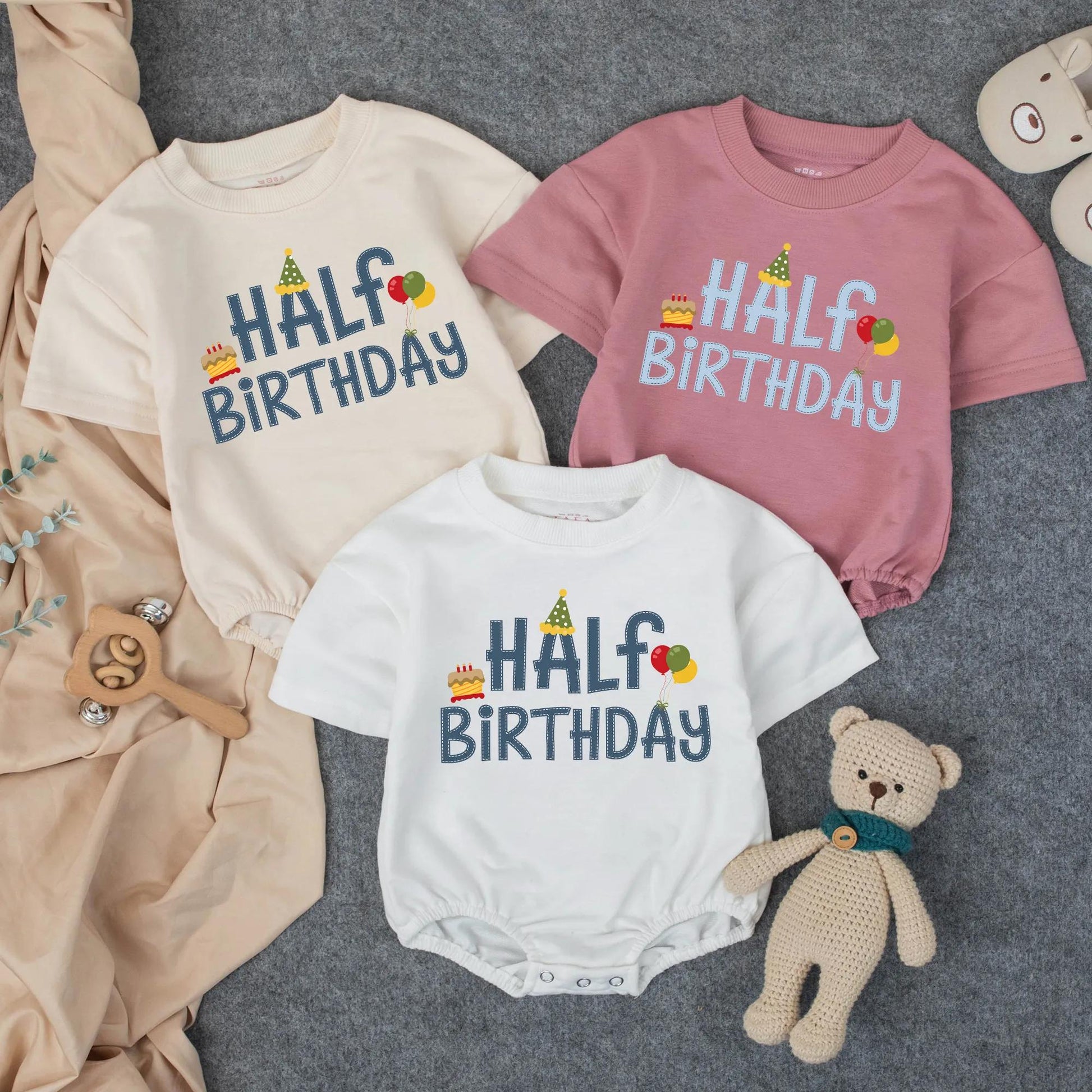 Half Birthday Boy Outfit Personalized Romper Set, 6 Month Milestone Party Clothes, Denim Blue Cake & Balloons, Custom Name "Henry" One Half Gift (138 chars)